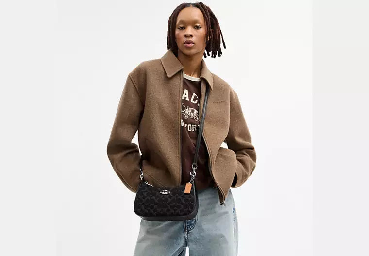 Denim Shoulder Bag With Detachable Straps And Pockets