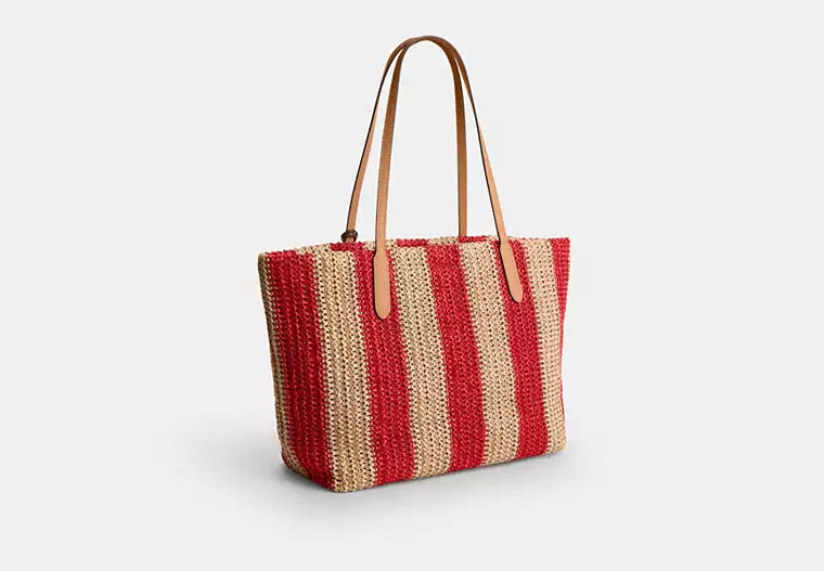 Straw City Tote Bag With Leather Trim And Charm