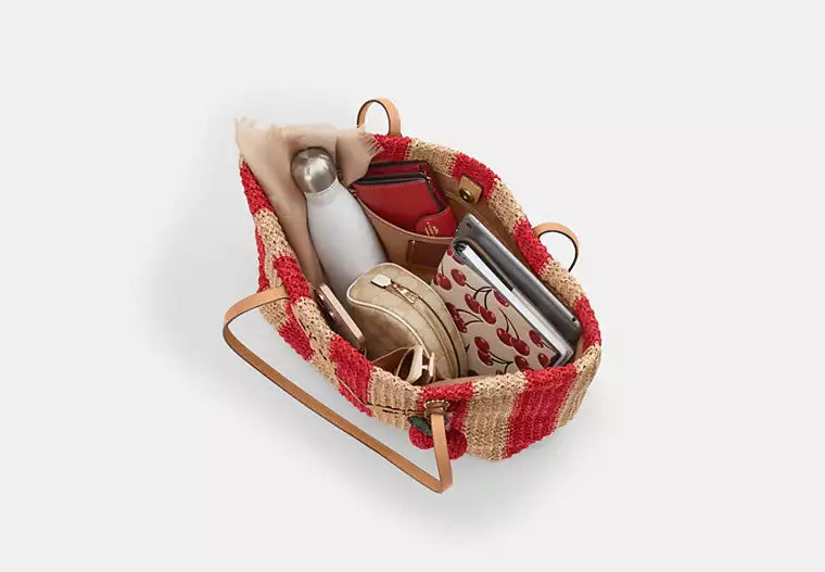 Straw City Tote Bag With Leather Trim And Charm
