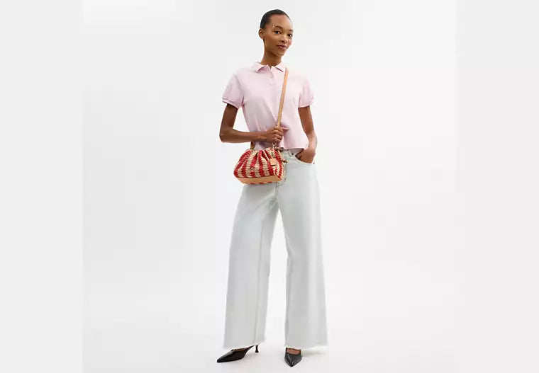 Faye Straw Leather Drawstring Shoulder Bag