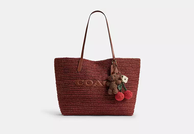 Straw and Leather City Tote Bag with Charm