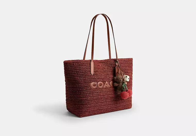 Straw and Leather City Tote Bag with Charm