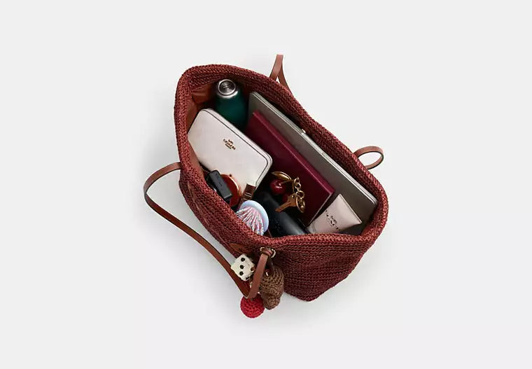 Straw and Leather City Tote Bag with Charm