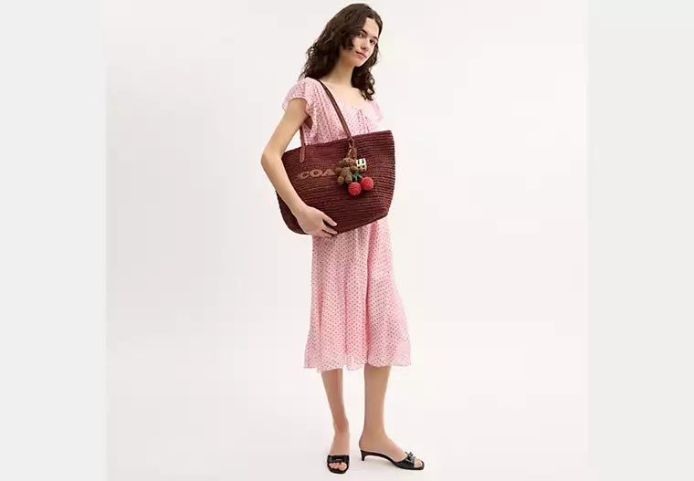 Straw and Leather City Tote Bag with Charm